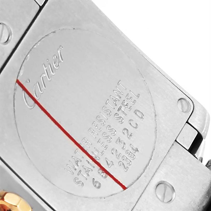 The image shows the back of a Cartier Tank Francaise W51007Q4 Women's Steel and Gold (two tone) Silver Dial W51007Q4 Women's Steel and Gold (two tone) Silver Dial watch highlighting its water resistance and stainless steel features.