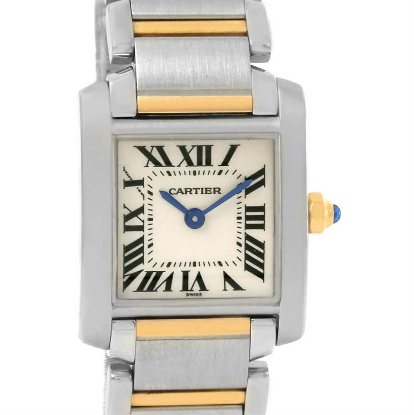 This image shows the face and part of the bracelet of the Cartier Tank Française watch.