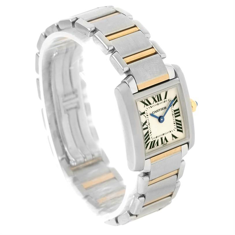 The Tank Francaise model by Cartier is displayed at an angle showing its face and part of the bracelet.