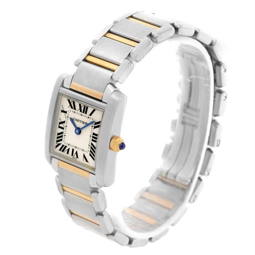 The image shows a Cartier Tank Francaise W51007Q4 Women's Steel and Gold (two tone) Silver Dial W51007Q4 Women's Steel and Gold (two tone) Silver Dial watch from a front-right angle, highlighting the dial and two-tone bracelet.