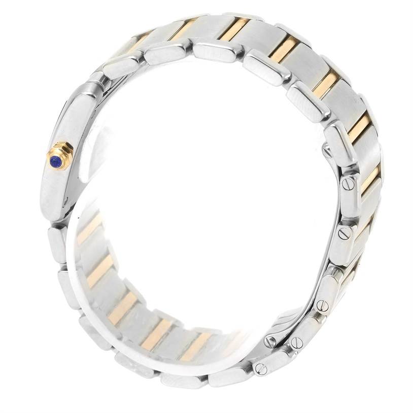 This image shows the bracelet and part of the case of a Cartier Tank Française watch, viewed from the side and back.