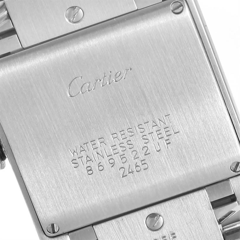 This image shows the back case of a Cartier Tank Francaise W51011Q3 Women's Stainless Steel White Dial W51011Q3 Women's Stainless Steel White Dial watch, highlighting its stainless steel material and model details.