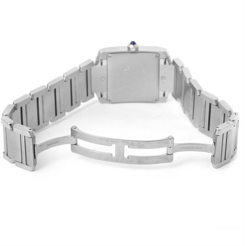 This image shows the back and opened clasp of a Cartier Tank Francaise W51011Q3 Women's Stainless Steel White Dial W51011Q3 Women's Stainless Steel White Dial watch, highlighting the stainless steel bracelet.