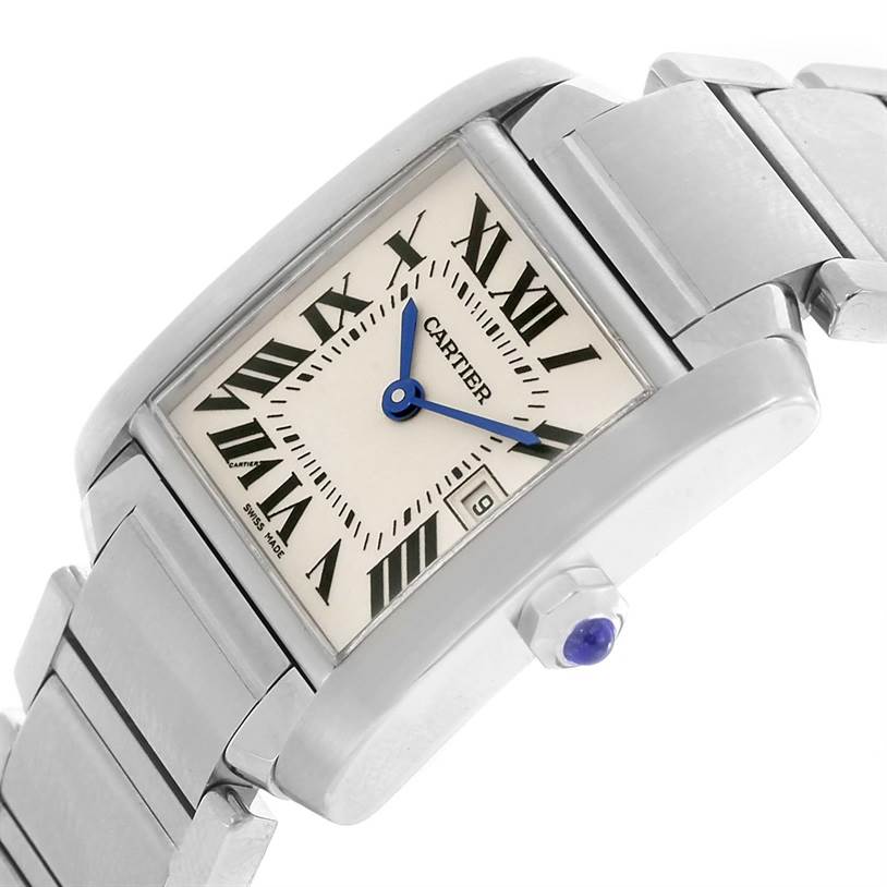The image shows a Tank Francaise model by Cartier at an angled close-up, displaying the face and part of the metallic bracelet.