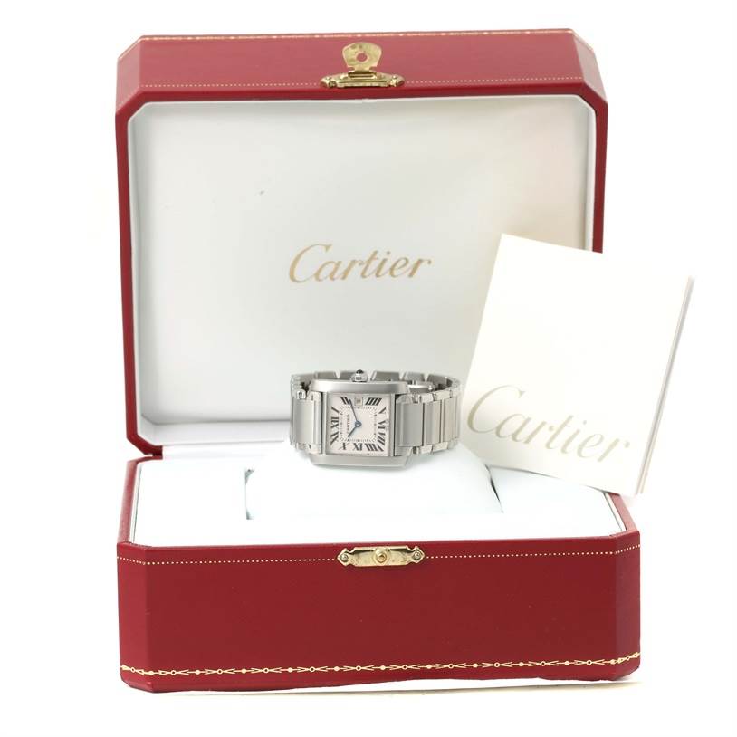 The image shows a Cartier Tank Francaise W51011Q3 Women's Stainless Steel White Dial W51011Q3 Women's Stainless Steel White Dial watch, front view, in an open red Cartier box with a booklet.