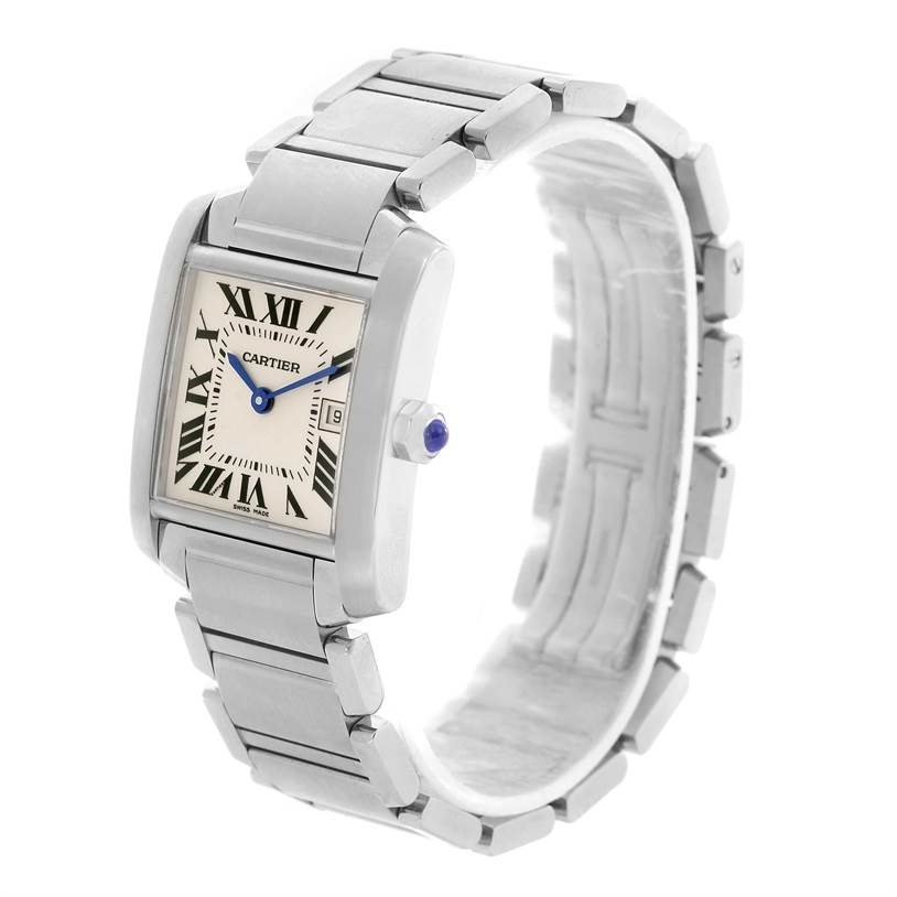 The image shows a side angle of the Cartier Tank Francaise W51011Q3 Women's Stainless Steel White Dial W51011Q3 Women's Stainless Steel White Dial watch, highlighting the face, crown, and metal bracelet.
