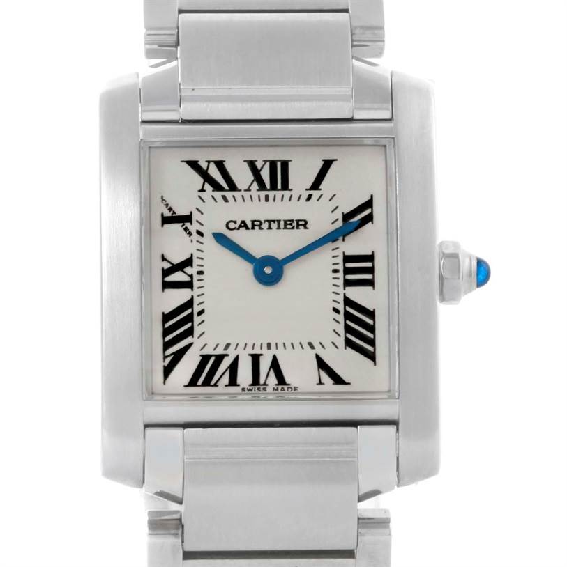 This is a frontal view of a Cartier Tank Francaise W51008Q3 Women's Stainless Steel Silver Dial W51008Q3 Women's Stainless Steel Silver Dial watch, showcasing its face, Roman numeral dial, and part of the metal bracelet.