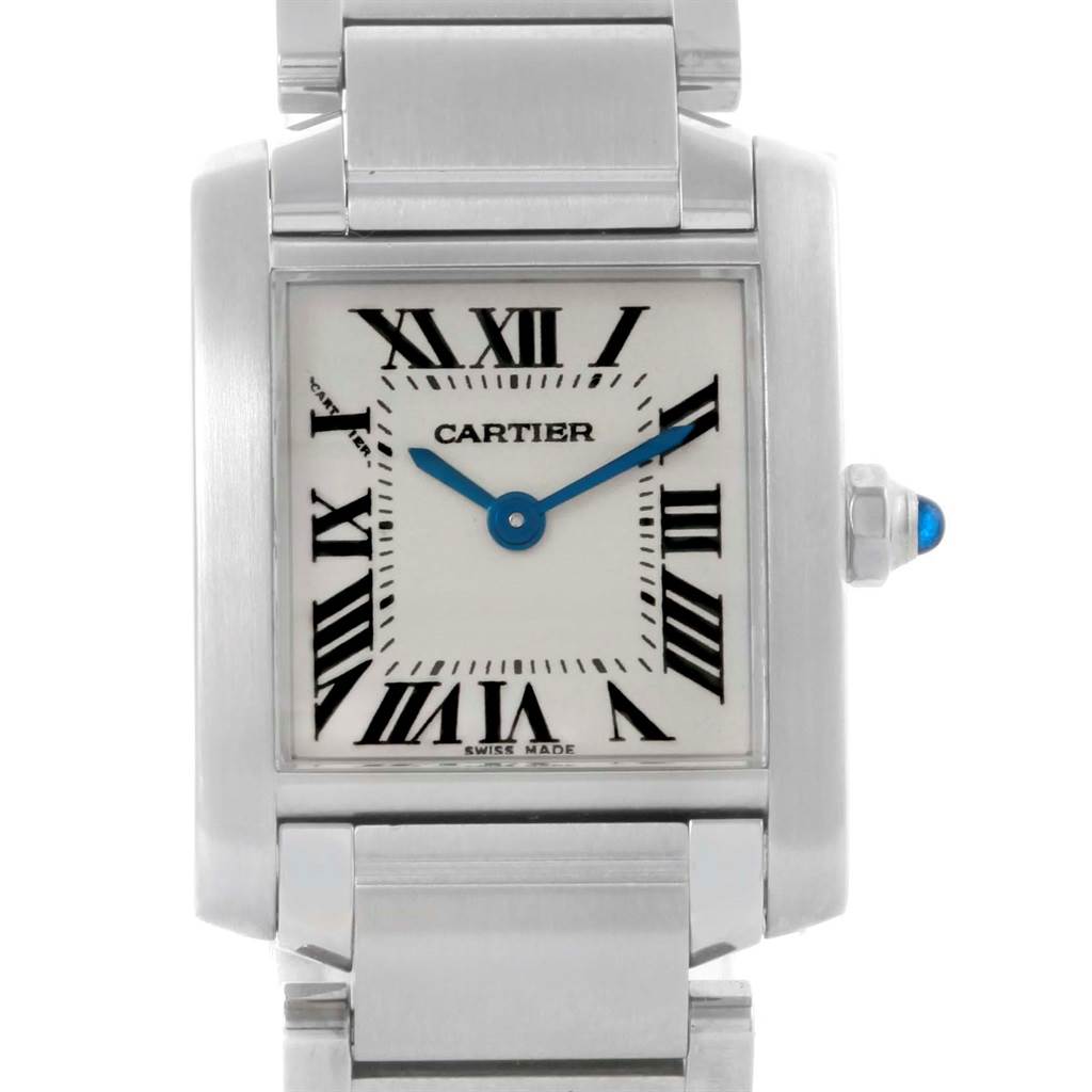 This image shows a close-up of the Cartier Tank Francaise W51008Q3 Women's Stainless Steel Silver Dial W51008Q3 Women's Stainless Steel Silver Dial watch face and bracelet from the front angle.
