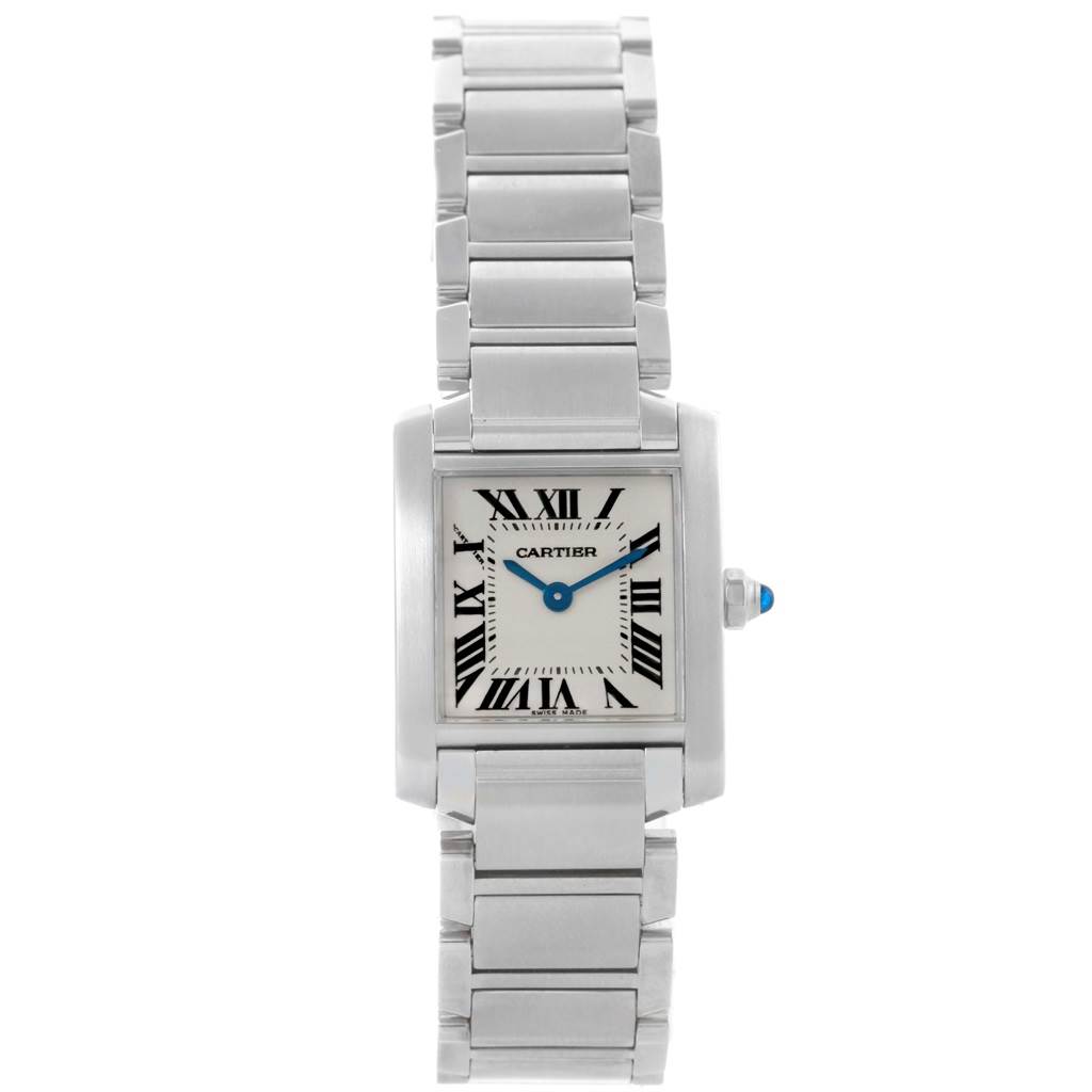 This image shows a front view of the Cartier Tank Francaise W51008Q3 Women's Stainless Steel Silver Dial W51008Q3 Women's Stainless Steel Silver Dial watch, highlighting its rectangular face, bracelet, and blue hand accents.
