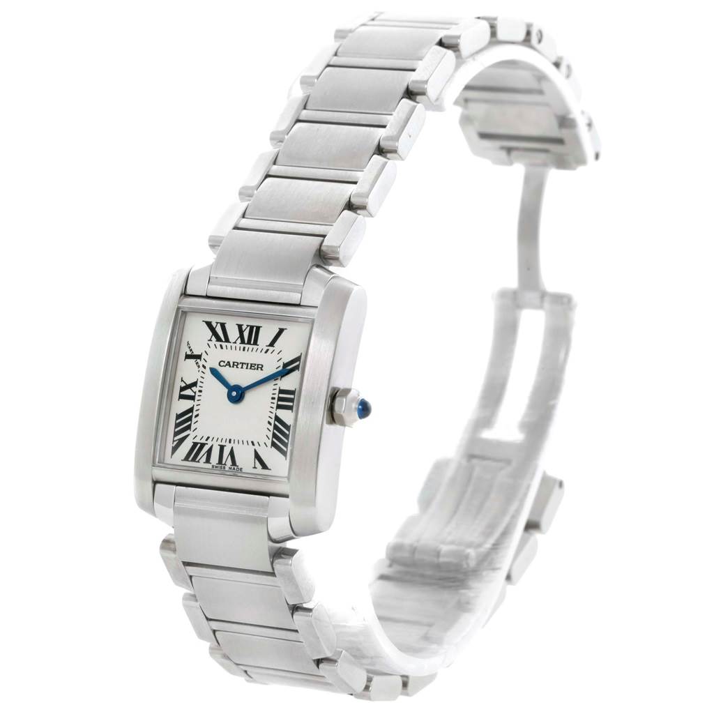 The Cartier Tank Francaise W51008Q3 Women's Stainless Steel Silver Dial W51008Q3 Women's Stainless Steel Silver Dial watch is shown at a slight angle, highlighting the case, dial, bracelet, and partially open clasp.