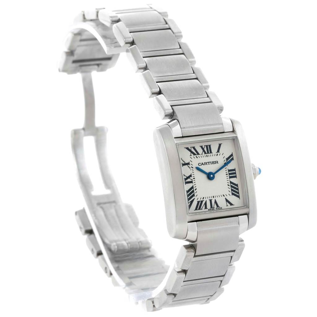 The image shows a Cartier Tank Francaise W51008Q3 Women's Stainless Steel Silver Dial W51008Q3 Women's Stainless Steel Silver Dial watch at a slight front angle, displaying the face, bezel, bracelet links, and clasp.