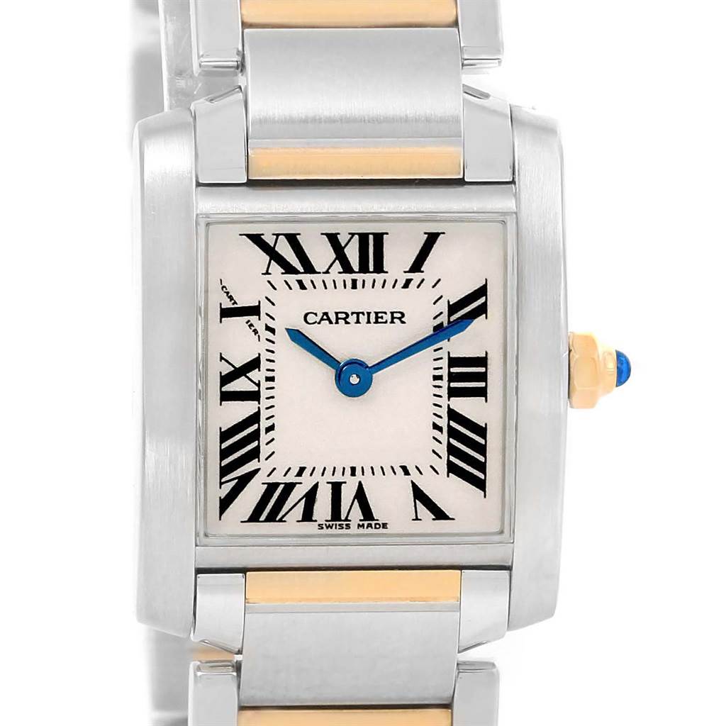 The image shows the face, crown, and part of the bracelet of the Cartier Tank Francaise W51007Q4 Women's Steel and Gold (two tone) Silver Dial W51007Q4 Women's Steel and Gold (two tone) Silver Dial watch.