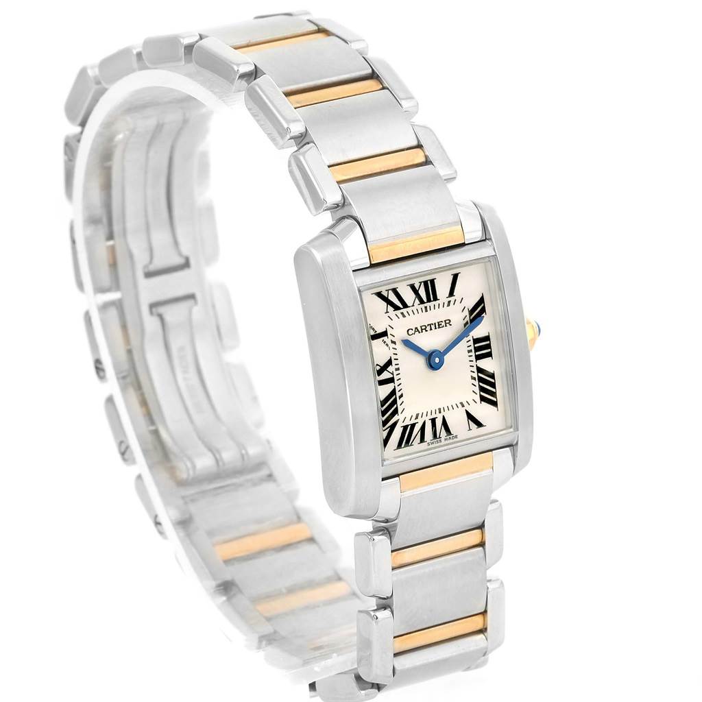 The image shows a side angle of the Cartier Tank Francaise W51007Q4 Women's Steel and Gold (two tone) Silver Dial W51007Q4 Women's Steel and Gold (two tone) Silver Dial watch displaying its face and wristband.