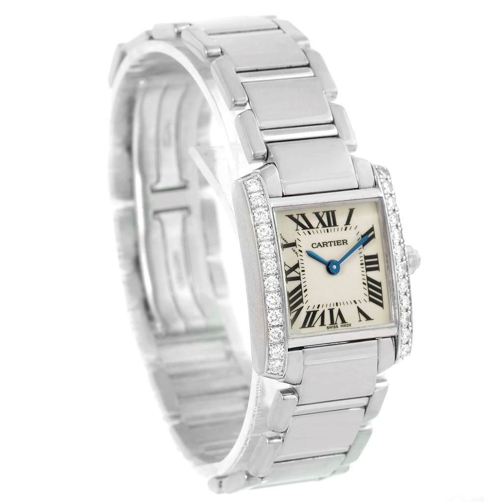 The image shows a Tank Francaise model by Cartier at a three-quarter angle, highlighting its bracelet, rectangular face, and diamond accents.