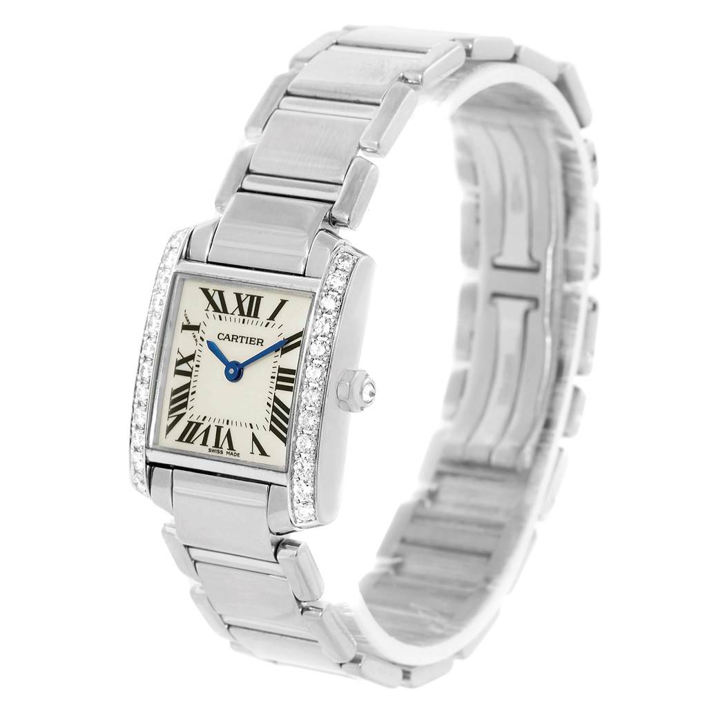 The Cartier Tank Francaise WE1002S3 Women's White Gold Silver Dial WE1002S3 Women's White Gold Silver Dial watch is shown at a three-quarter angle, highlighting the face, bezel, and bracelet.