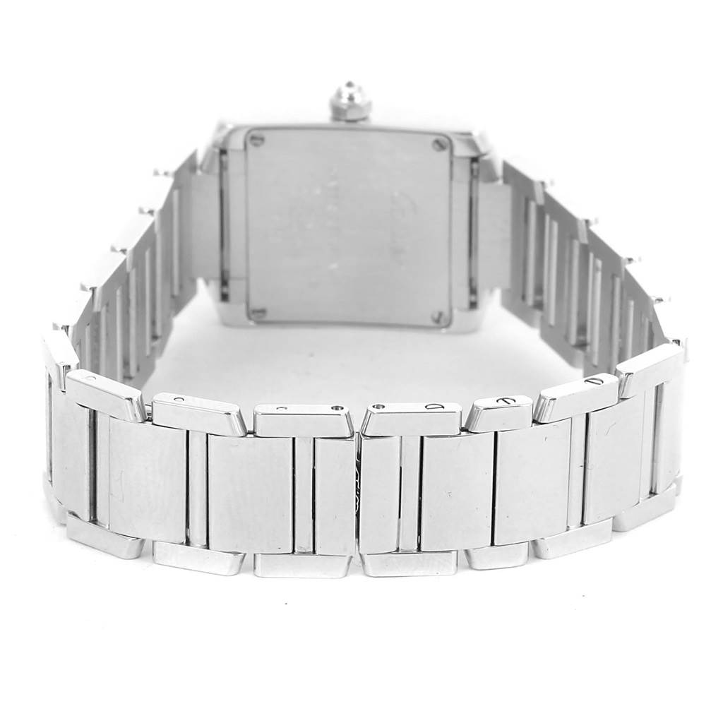 This image shows the back and bracelet of the Cartier Tank Française watch, highlighting the clasp and links.