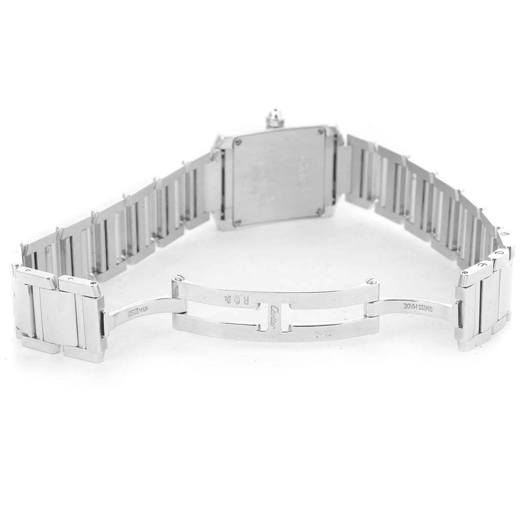 This image shows the back of a Cartier Tank Francaise WE1002S3 Women's White Gold Silver Dial WE1002S3 Women's White Gold Silver Dial watch with an open stainless steel bracelet and visible clasp.