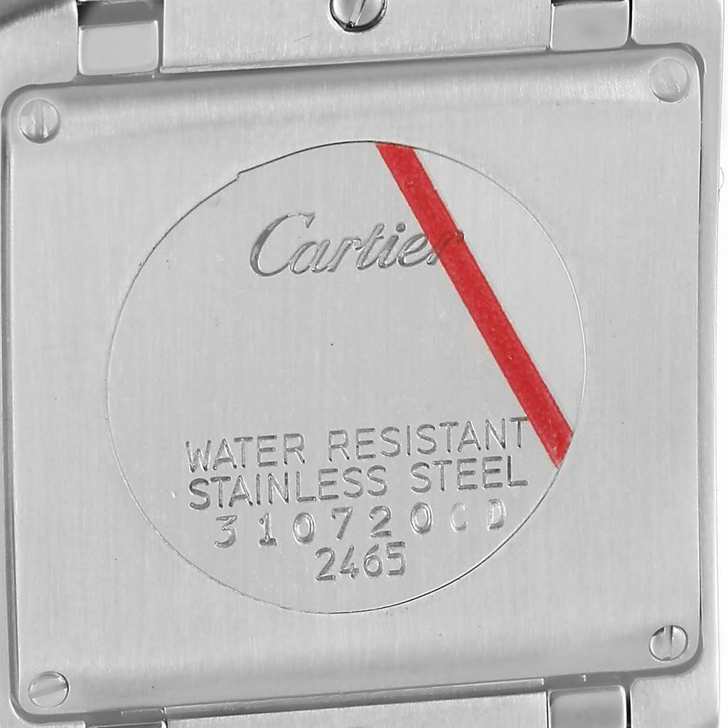 This image shows the back case of a Cartier Tank Française watch, highlighting its water resistance and stainless steel features.