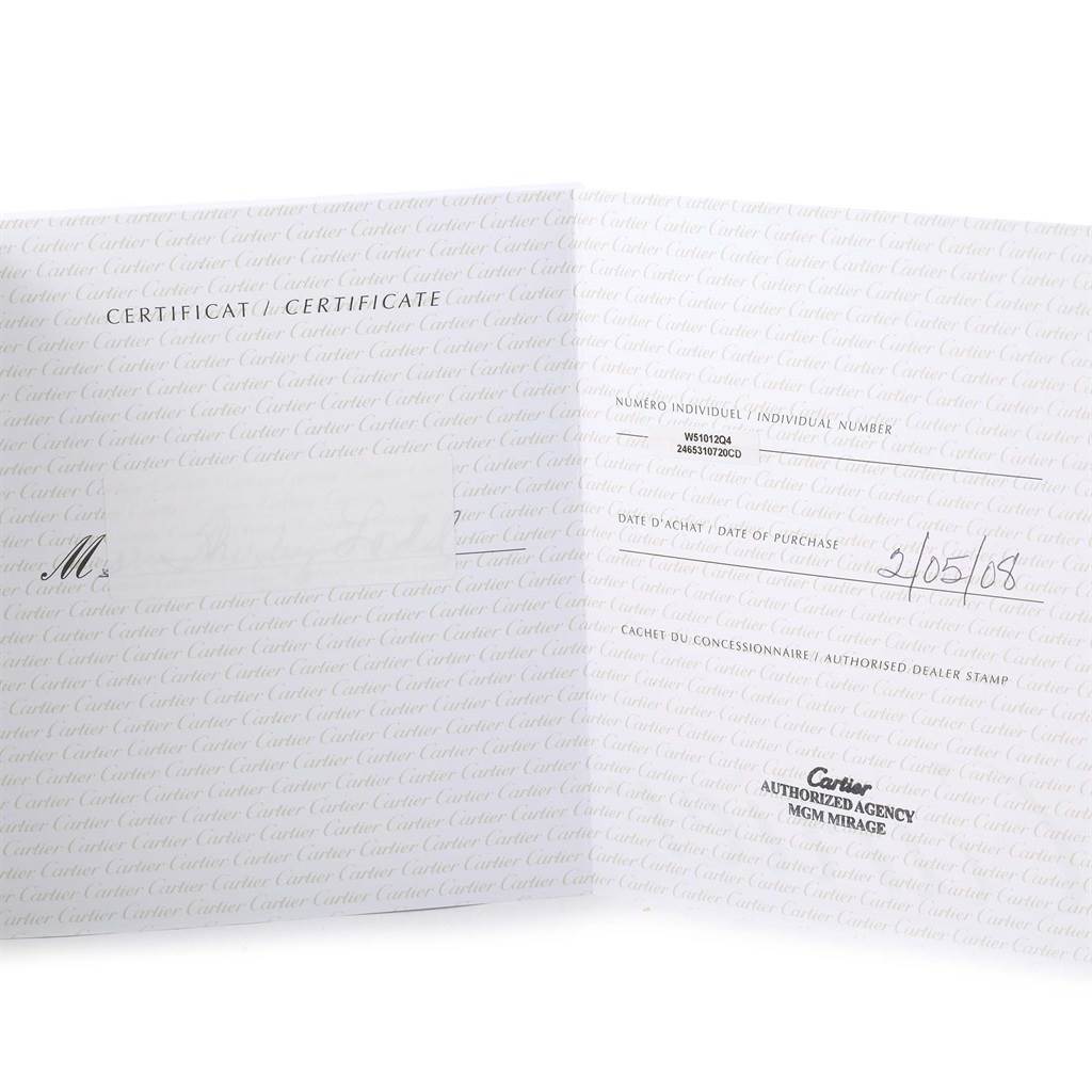 The image shows the certificate of authenticity for the Cartier Tank Francaise W51012Q4 Women's Steel and Gold (two tone) Silver Dial W51012Q4 Women's Steel and Gold (two tone) Silver Dial model watch, detailing the purchase date and individual number.