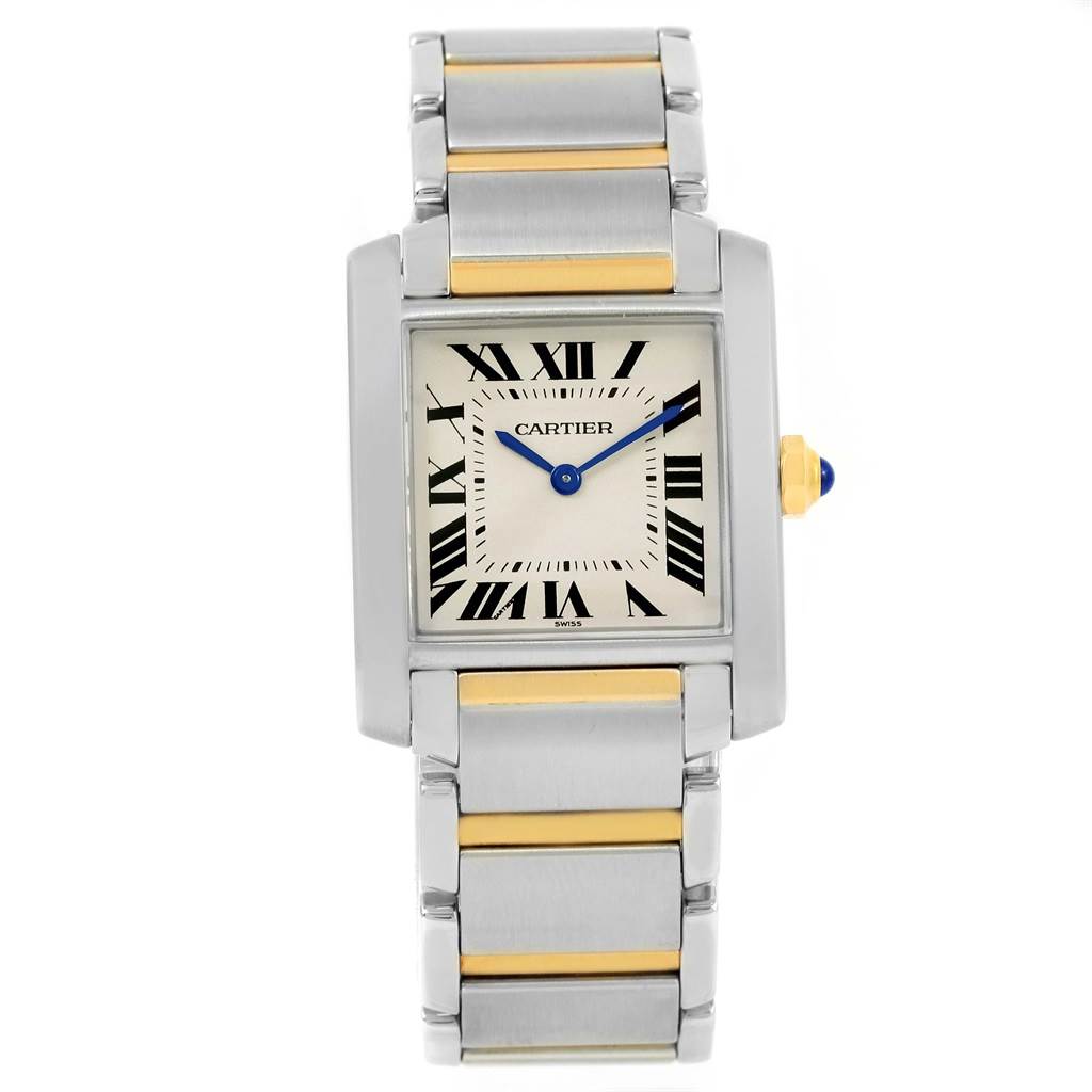 The Cartier Tank Francaise W2TA0003 Women's Steel and Gold (two tone) Silver Dial W2TA0003 Women's Steel and Gold (two tone) Silver Dial watch is shown from the front, displaying the face, bezel, and bracelet.