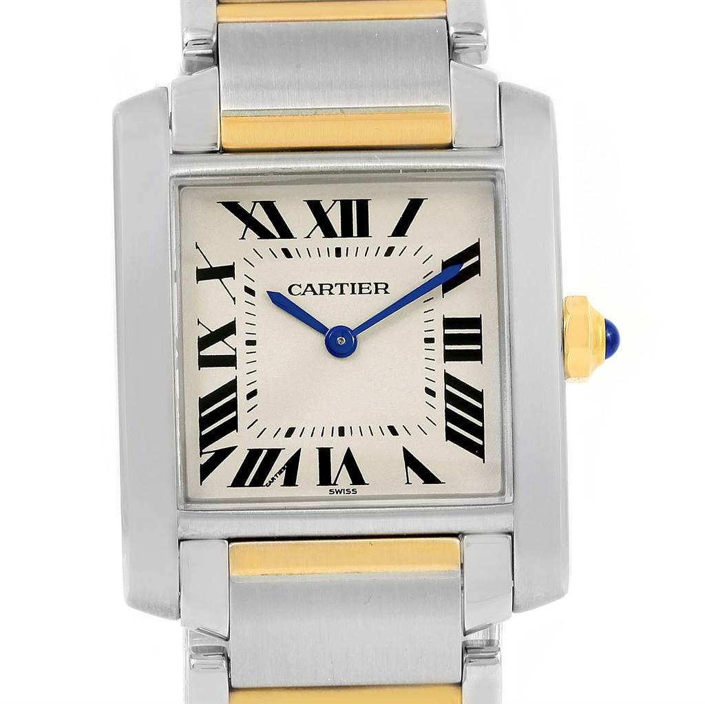 The image shows a front view of a Cartier Tank Francaise W2TA0003 Women's Steel and Gold (two tone) Silver Dial W2TA0003 Women's Steel and Gold (two tone) Silver Dial watch, displaying its dial and part of the bracelet.