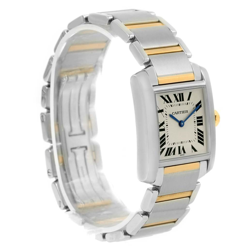 The Cartier Tank Francaise W2TA0003 Women's Steel and Gold (two tone) Silver Dial W2TA0003 Women's Steel and Gold (two tone) Silver Dial watch is shown at an oblique angle, displaying its rectangular dial, Roman numerals, and metal bracelet with gold accents.