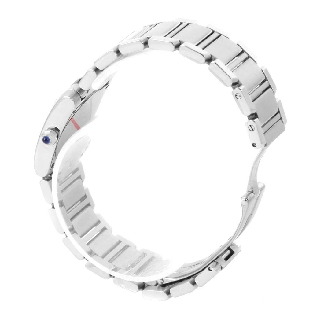 This image shows the side and partial top view of the bracelet and blue gemstone crown of a Cartier Tank Francaise W51008Q3 Women's Stainless Steel Silver Dial W51008Q3 Women's Stainless Steel Silver Dial watch.