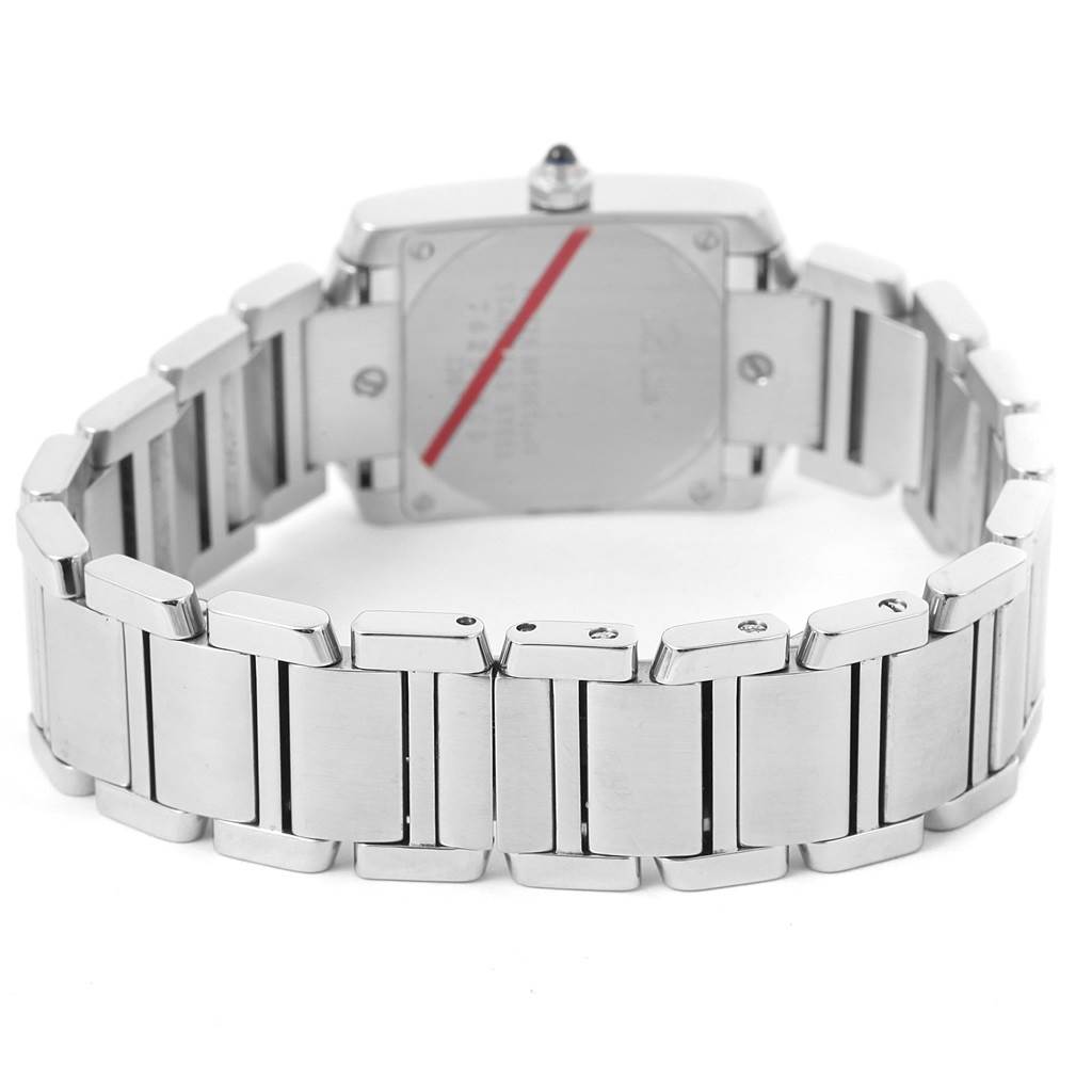 The image shows the back and bracelet of a Cartier Tank Francaise W51008Q3 Women's Stainless Steel Silver Dial W51008Q3 Women's Stainless Steel Silver Dial model watch, highlighting its stainless steel links.