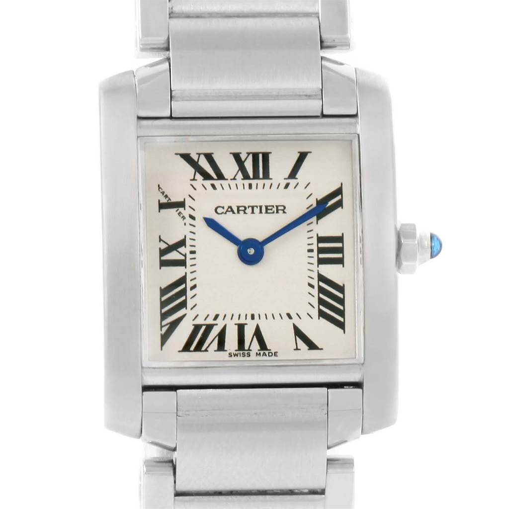 The image shows a frontal view of the Cartier Tank Francaise W51008Q3 Women's Stainless Steel Silver Dial W51008Q3 Women's Stainless Steel Silver Dial watch, displaying the face, Roman numerals, and part of the metal band.