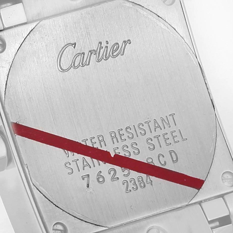 The image shows the back case of a Tank Francaise watch by Cartier, highlighting the brand name and water resistance details.