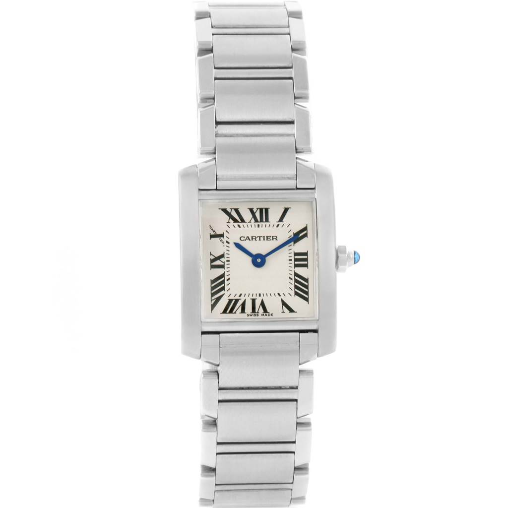 The image shows a front view of the Cartier Tank Francaise W51008Q3 Women's Stainless Steel Silver Dial W51008Q3 Women's Stainless Steel Silver Dial watch, displaying the face and metal bracelet.
