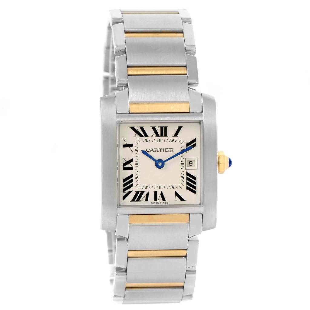 This Cartier Tank Française watch is shown from a front angle, displaying its rectangular face, bracelet, and date window.