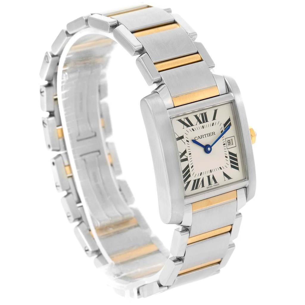 The image shows a Cartier Tank Francaise W51012Q4 Women's Steel and Gold (two tone) Silver Dial W51012Q4 Women's Steel and Gold (two tone) Silver Dial watch at a 3/4 angle, highlighting the face, bracelet, and two-tone metal links.