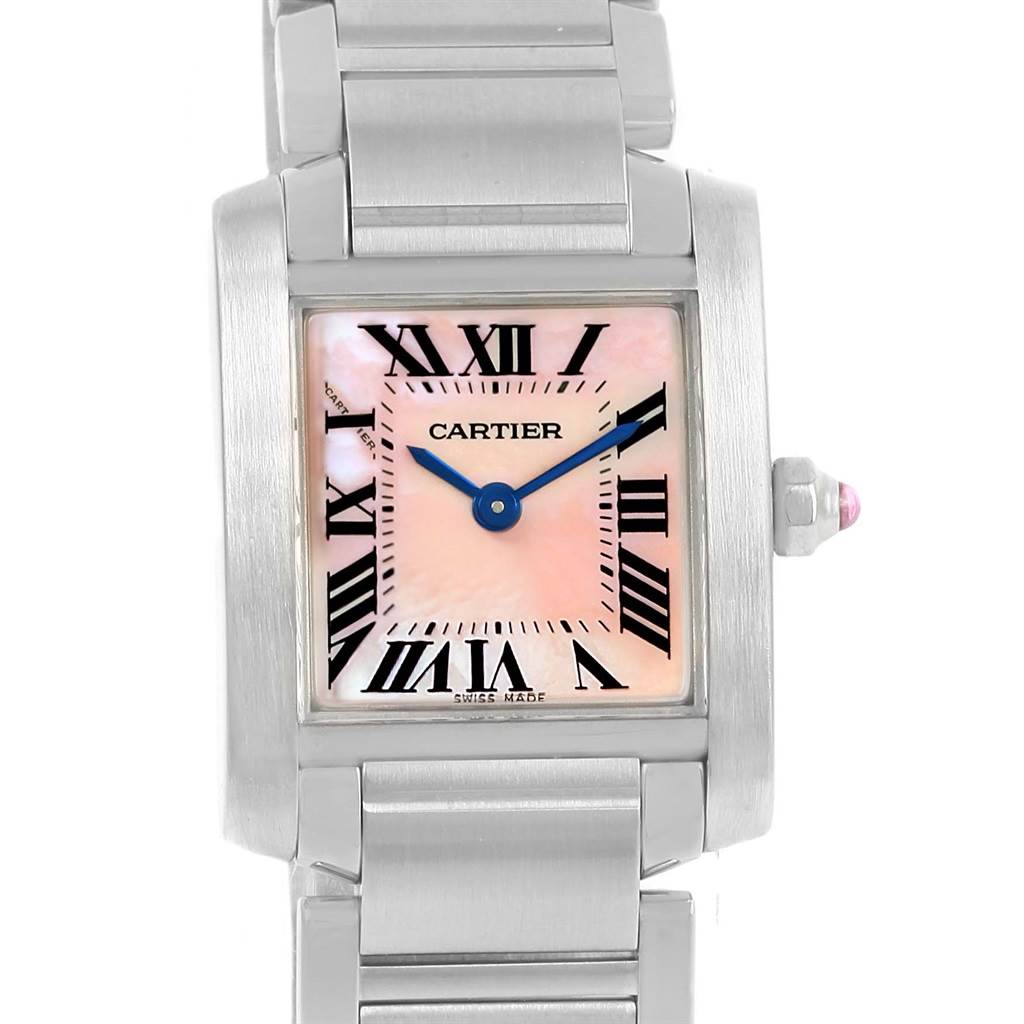This Cartier Tank Francaise W51028Q3 Women's Stainless Steel Mother of Pearl Dial W51028Q3 Women's Stainless Steel Mother of Pearl Dial model is shown from the front, displaying the face, Roman numerals, and metal bracelet.