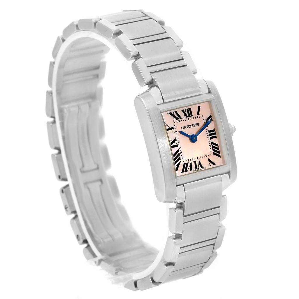 The image shows a side view of a Cartier Tank Française watch, showcasing its rectangular face and metal bracelet.