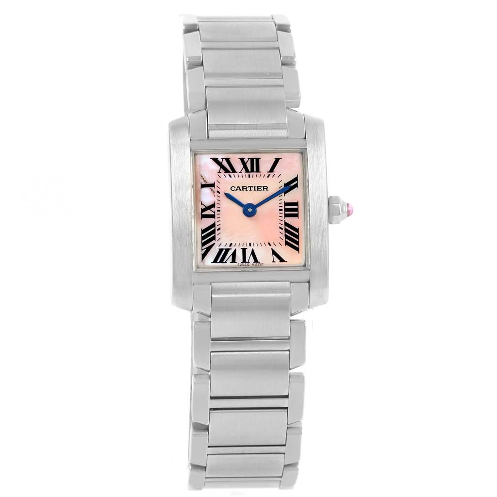 The Cartier Tank Francaise W51028Q3 Women's Stainless Steel Mother of Pearl Dial W51028Q3 Women's Stainless Steel Mother of Pearl Dial watch is shown from a front angle, highlighting its stainless steel bracelet, square case, and pink dial.