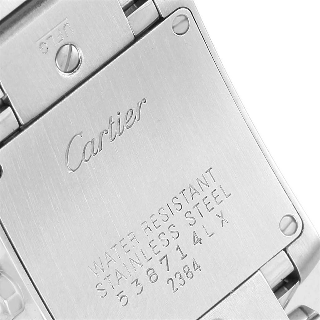 This image shows the back of a Cartier Tank Francaise W51028Q3 Women's Stainless Steel Mother of Pearl Dial W51028Q3 Women's Stainless Steel Mother of Pearl Dial watch, highlighting the engraving and clasp detail.