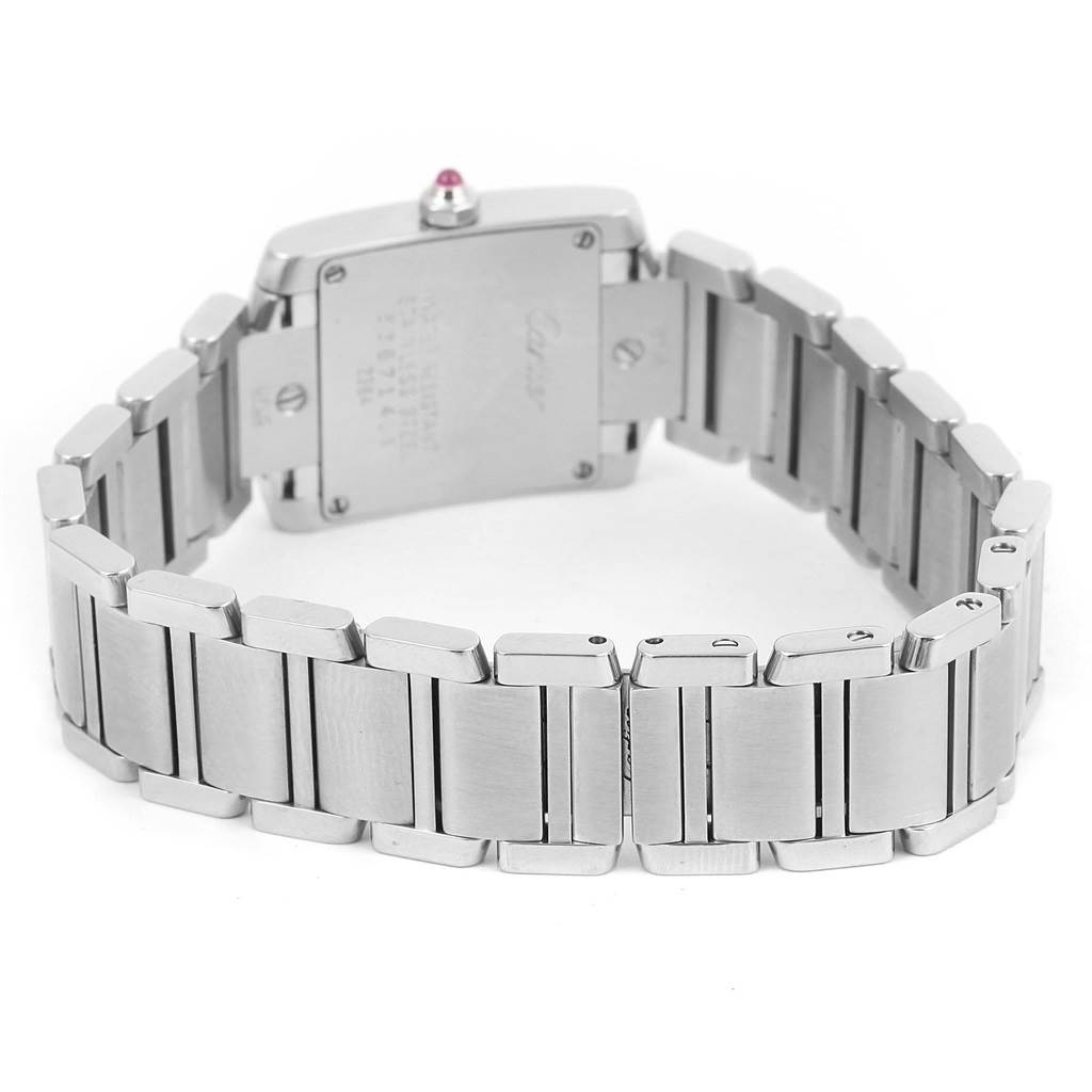 The image shows the back and bracelet of the Cartier Tank Française watch at an angle.