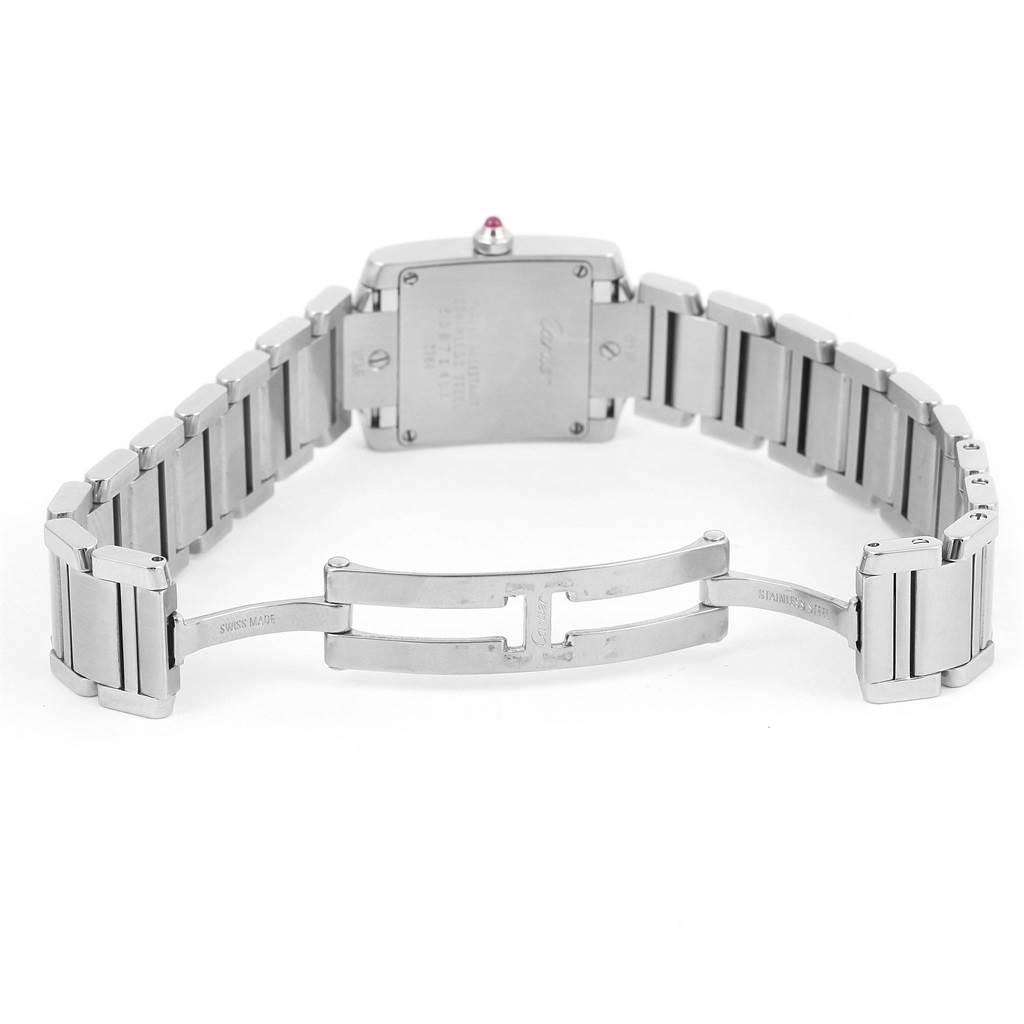 The image shows the open stainless steel bracelet and clasp of a Cartier Tank Francaise W51028Q3 Women's Stainless Steel Mother of Pearl Dial W51028Q3 Women's Stainless Steel Mother of Pearl Dial watch from the back.