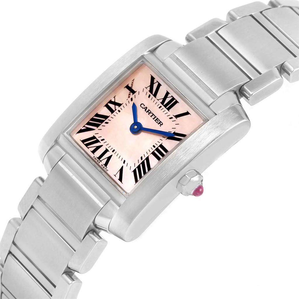 The image shows a Cartier Tank Francaise W51028Q3 Women's Stainless Steel Mother of Pearl Dial W51028Q3 Women's Stainless Steel Mother of Pearl Dial watch at a slight angle, highlighting the dial, bracelet, and crown with a pink cabochon.