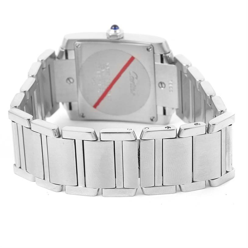 The image shows the back and bracelet of the Cartier Tank Française watch from a rear angle.