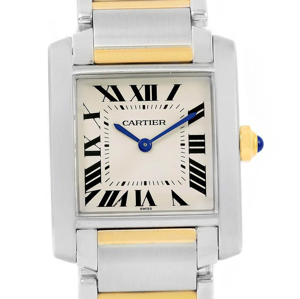 This image shows a frontal view of the Cartier Tank Française watch, highlighting its face, Roman numeral dial, and bracelet.