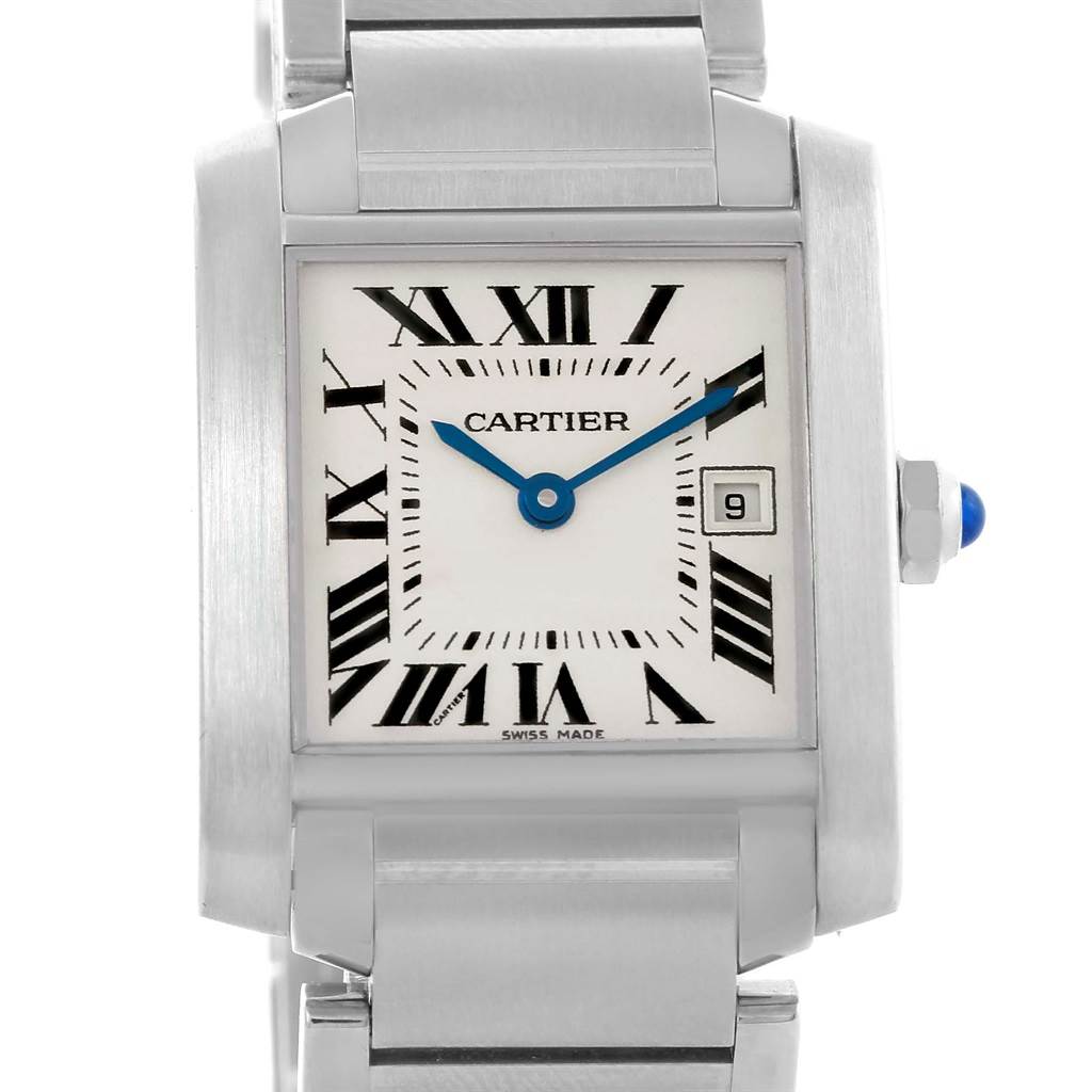 This image shows a front view of a Cartier Tank Francaise W51011Q3 Women's Stainless Steel White Dial W51011Q3 Women's Stainless Steel White Dial watch, highlighting its face, Roman numerals, date display, and part of the bracelet.