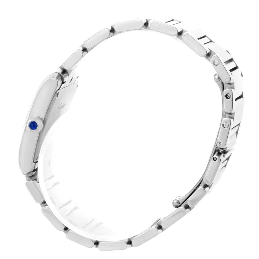 The image shows a Cartier Tank Française watch from the side, highlighting the bracelet and crown.