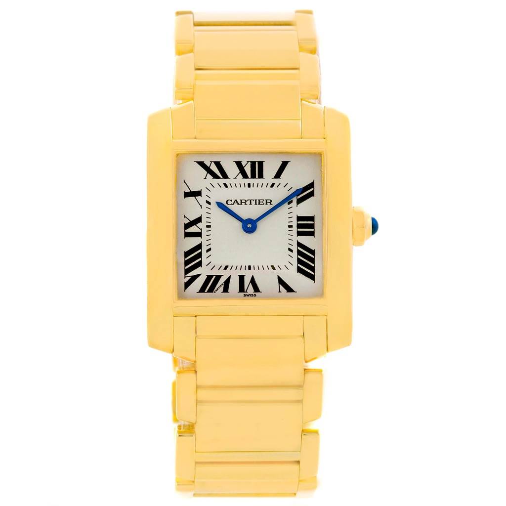 This image shows a front view of the Cartier Tank Francaise W50003N2 Women's Yellow Gold Silver Dial W50003N2 Women's Yellow Gold Silver Dial watch, featuring the face, bezel, and bracelet.