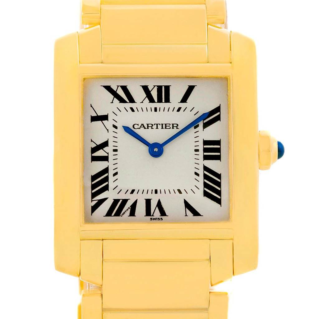 The image shows a frontal view of the Cartier Tank Française watch, highlighting its face, case, and part of the bracelet.