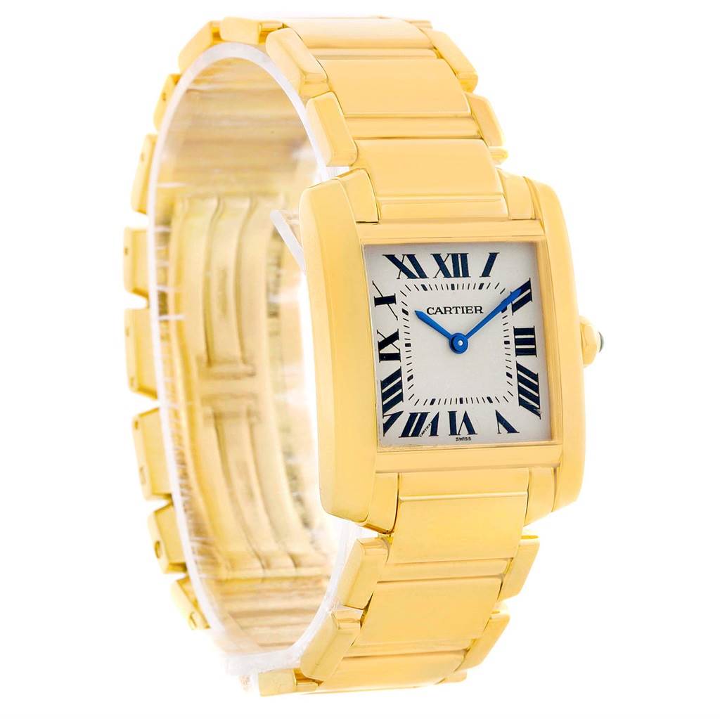 This image shows a Cartier Tank Francaise W50003N2 Women's Yellow Gold Silver Dial W50003N2 Women's Yellow Gold Silver Dial watch, displaying its face, case, and bracelet at a slight front left angle.
