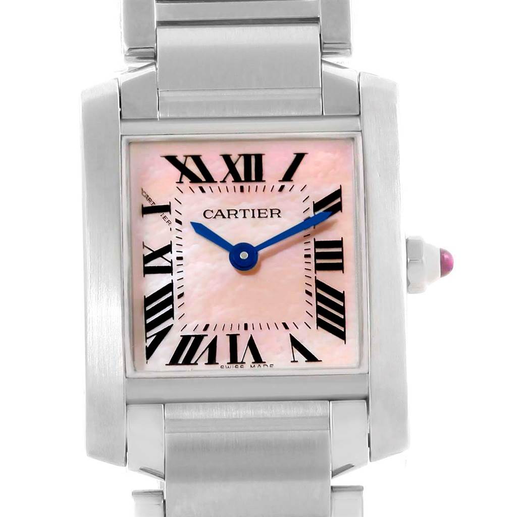 The image shows a front view of the Cartier Tank Francaise W51028Q3 Women's Stainless Steel Mother of Pearl Dial W51028Q3 Women's Stainless Steel Mother of Pearl Dial watch, highlighting its pink dial, Roman numerals, and metal bracelet.