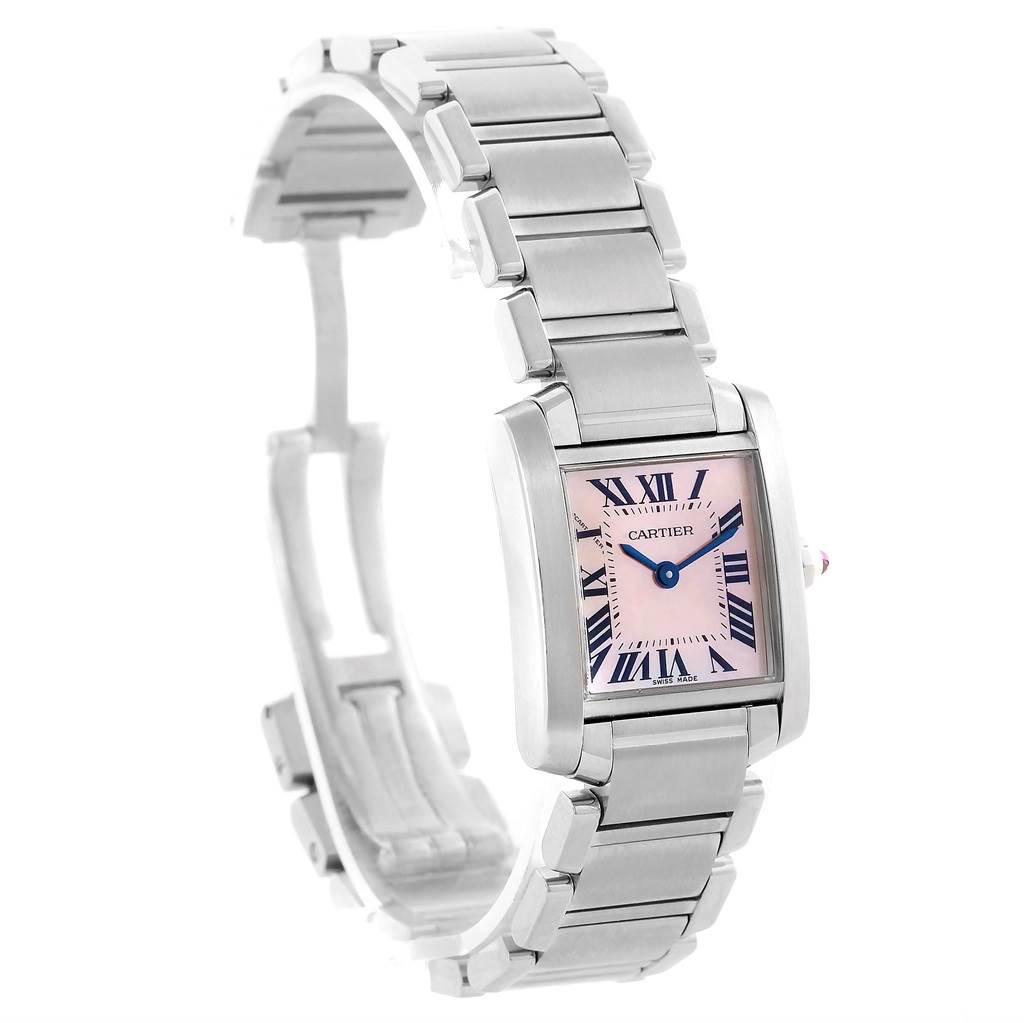 The image shows the Cartier Tank Francaise W51028Q3 Women's Stainless Steel Mother of Pearl Dial W51028Q3 Women's Stainless Steel Mother of Pearl Dial watch at a side angle, highlighting the bracelet, case, and face.