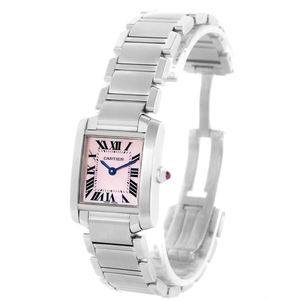 This image shows a Cartier Tank Francaise W51028Q3 Women's Stainless Steel Mother of Pearl Dial W51028Q3 Women's Stainless Steel Mother of Pearl Dial watch at a slight angle, highlighting the bracelet, dial, and crown.